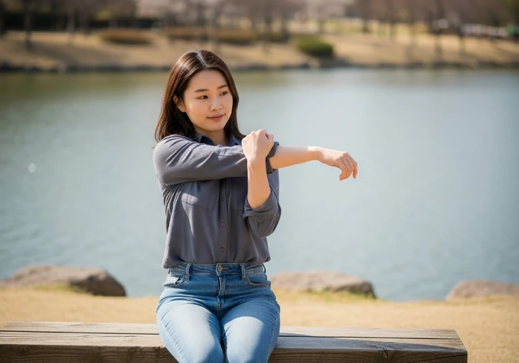 공원 벤치에 앉아 가볍게 팔을 스트레칭하는 한국 여성