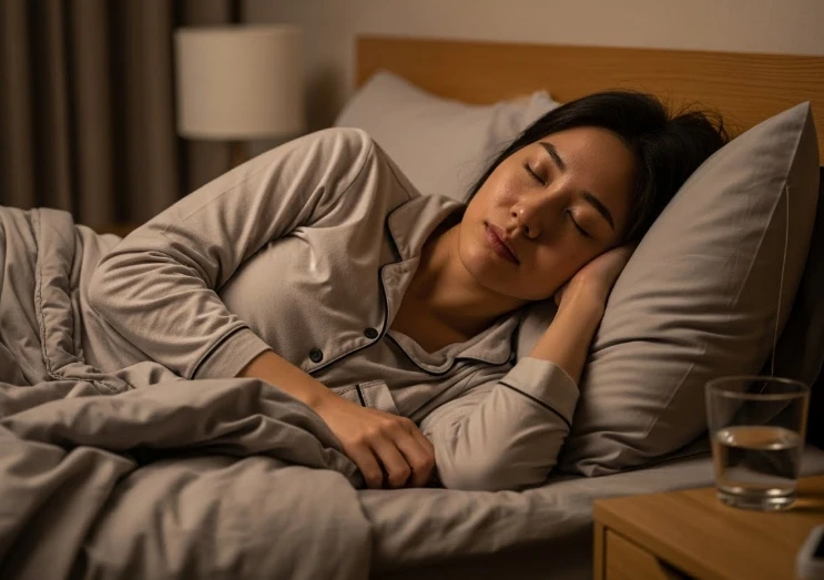 침대에서 편안하게 쉬고 있는 한국 여성