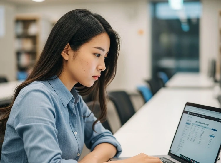 예방접종도우미 사이트 화면을 보는 한국 여성