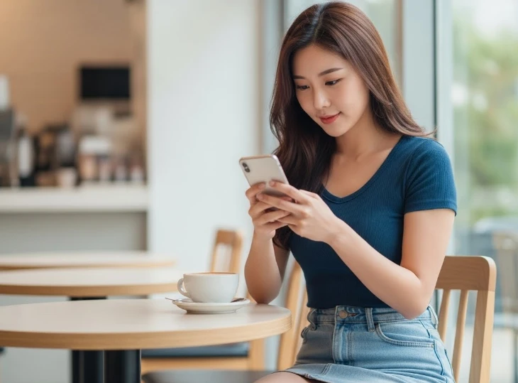 카페에서 스마트폰 앱으로 접종 기록을 확인하는 한국 여성