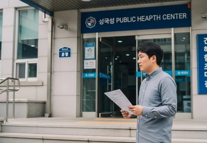 보건소 건물 앞에서 서류를 들고 있는 한국 남성