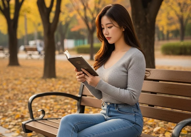 가을 공원에서 독감 접종 시기를 확인하는 한국 여성