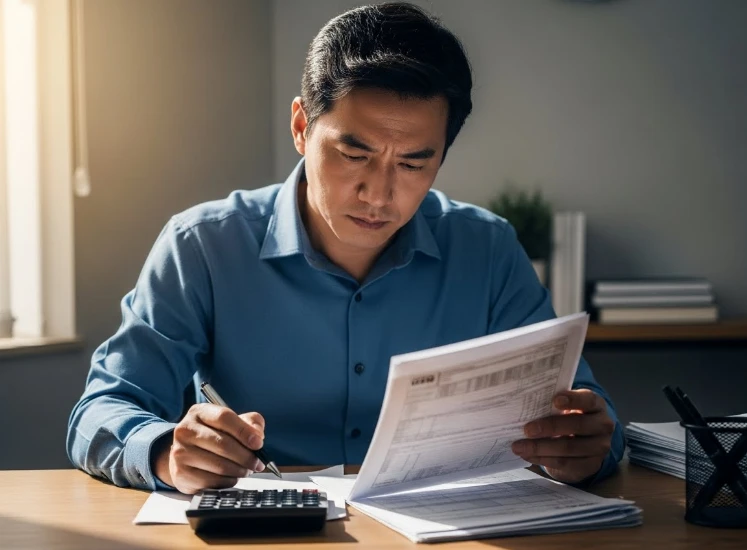 연말정산 서류를 꼼꼼히 검토하며 과다공제를 피하는 직장인의 모습