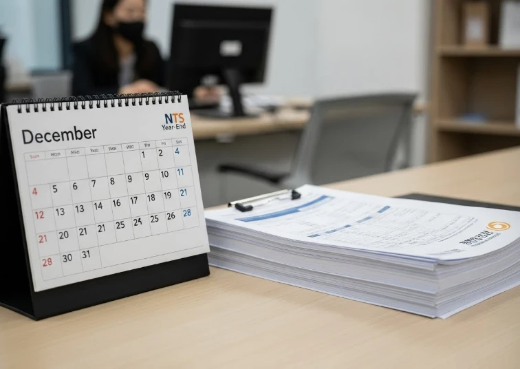 사무실 책상 위의 캘린더와 국세청 서류