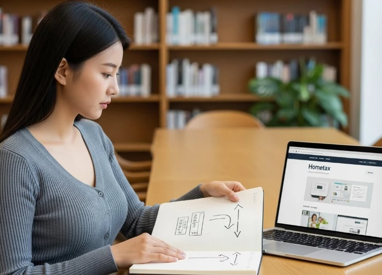 노트북과 플래너를 보며 연말정산 단계를 확인하는 한국 여성