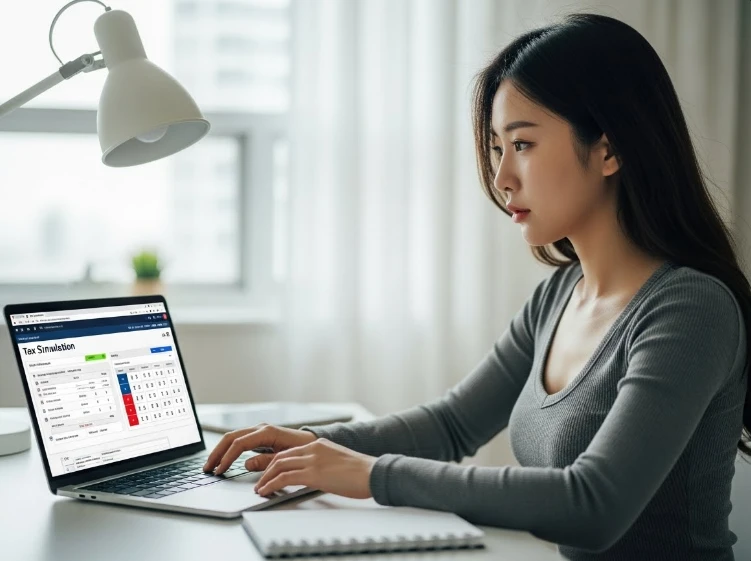 홈택스 모의 계산 화면을 진지하게 보는 한국 여성