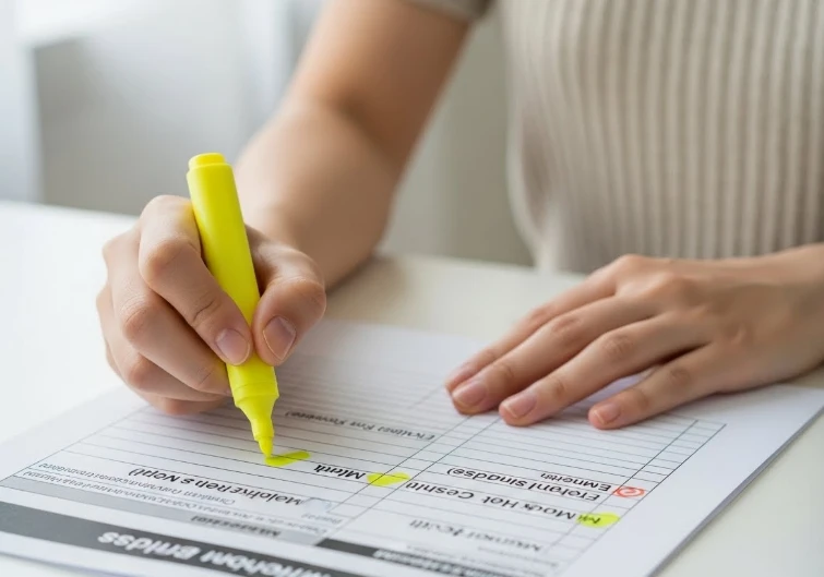 공제 항목별 증빙 서류 체크리스트에 형광펜으로 표시하는 한국 여성