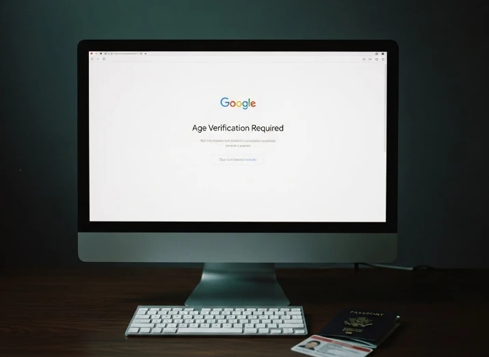 여권과 컴퓨터 화면에 표시된 구글 연령 인증 창 여권과 컴퓨터 화면에 표시된 구글 연령 인증 창
