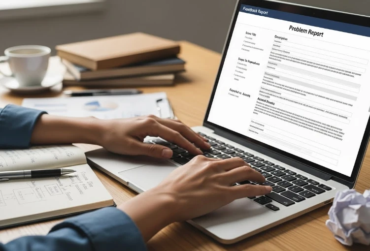 컴퓨터로 구글에 피드백을 제출하는 모습 컴퓨터로 구글에 피드백을 제출하는 모습