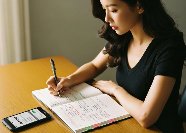 달력의 15일 날짜에 체크하며 후불 결제일을 확인하는 모습