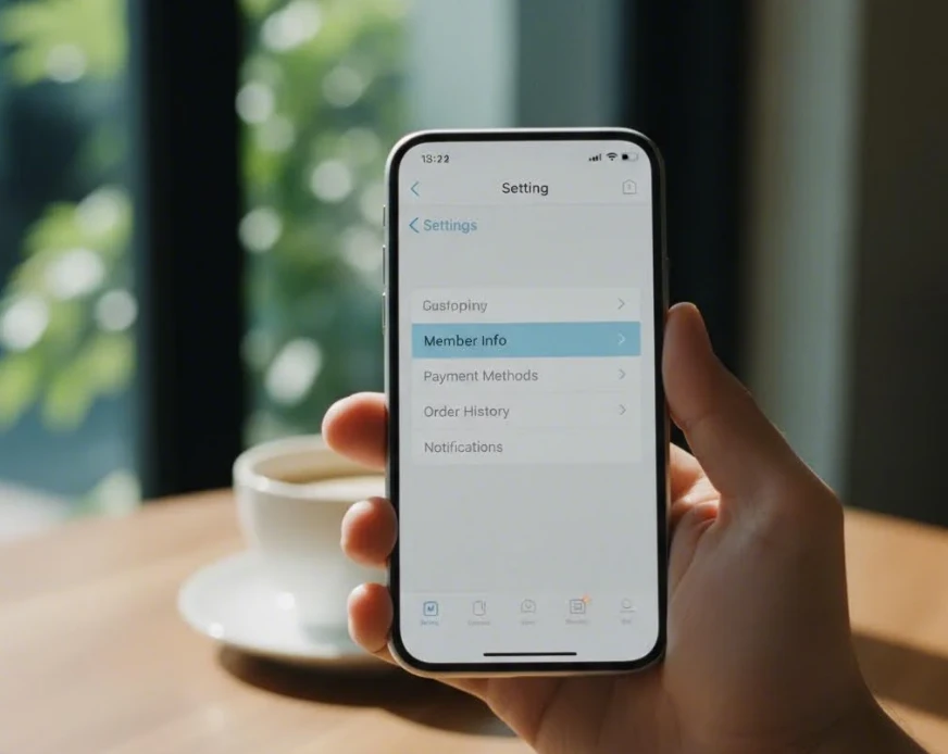 쿠팡 앱 설정 화면에서 회원정보 수정 메뉴를 터치하는 손