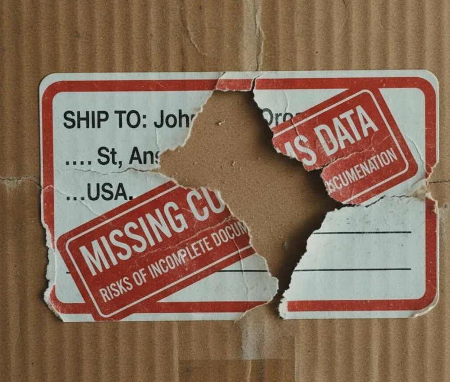 운송장(Shipping Label)에 경고 스티커가 붙어 통관 정보 누락을 알리는 모습