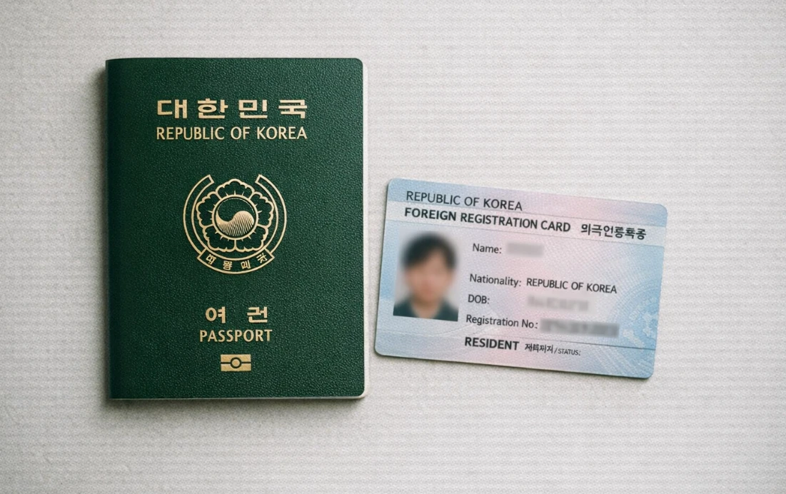 대한민국 여권과 외국인등록증이 나란히 놓여있는 모습