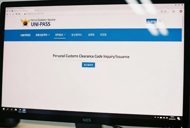 PC 화면에 관세청 유니패스 개인통관고유부호 조회 화면이 보이는 모습 PC 화면에 관세청 유니패스 개인통관고유부호 조회 화면이 보이는 모습