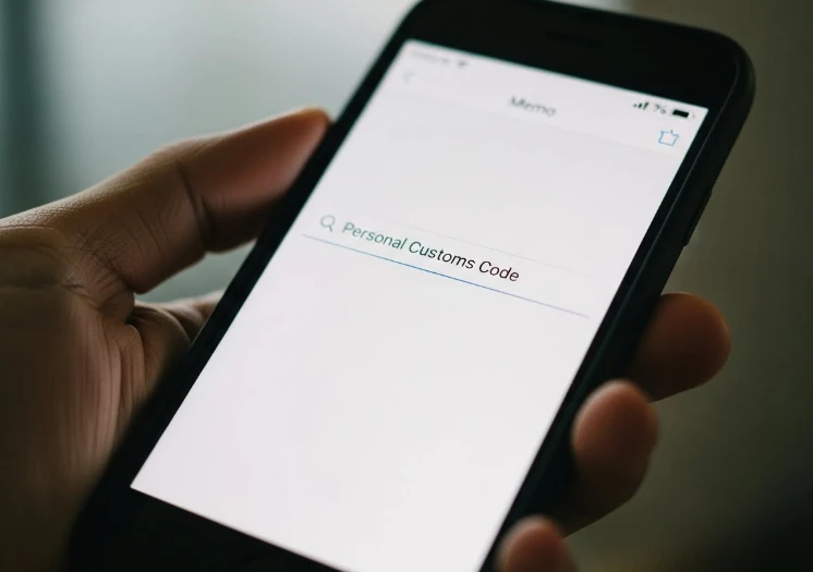 스마트폰 메모장에 '개인통관번호'라고 검색하는 손가락 클로즈업 스마트폰 메모장에 '개인통관번호'라고 검색하는 손가락 클로즈업