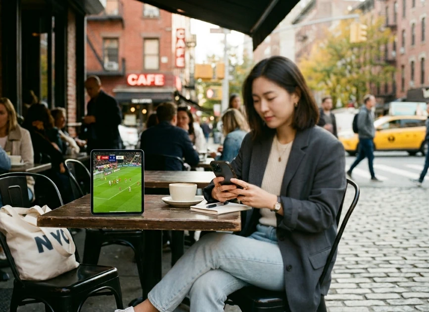 야외 카페에서 스마트폰으로 축구 경기를 시청하는 모습