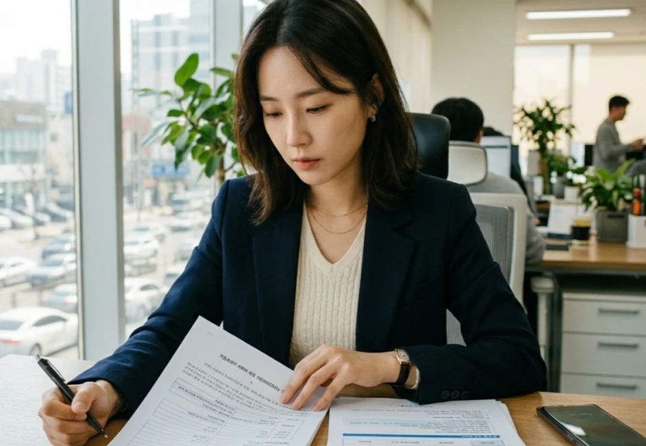 전기차 구매 계약서와 보조금 신청 서류를 확인하는 모습 전기차 구매 계약서와 보조금 신청 서류를 확인하는 모습