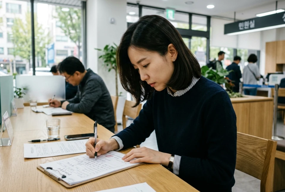 주민센터에서 복지 서류를 작성 중인 한국인 엄마