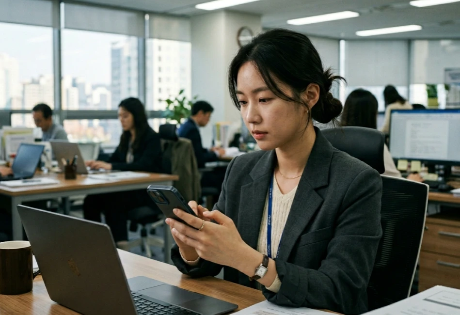 스마트폰으로 복지로 사이트를 확인하는 한국 여성