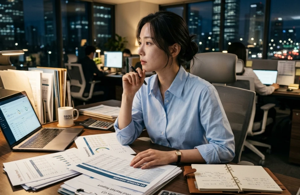 책상 위에 서류를 정리하며 고민하는 한국 여성 책상 위에 서류를 정리하며 고민하는 한국 여성