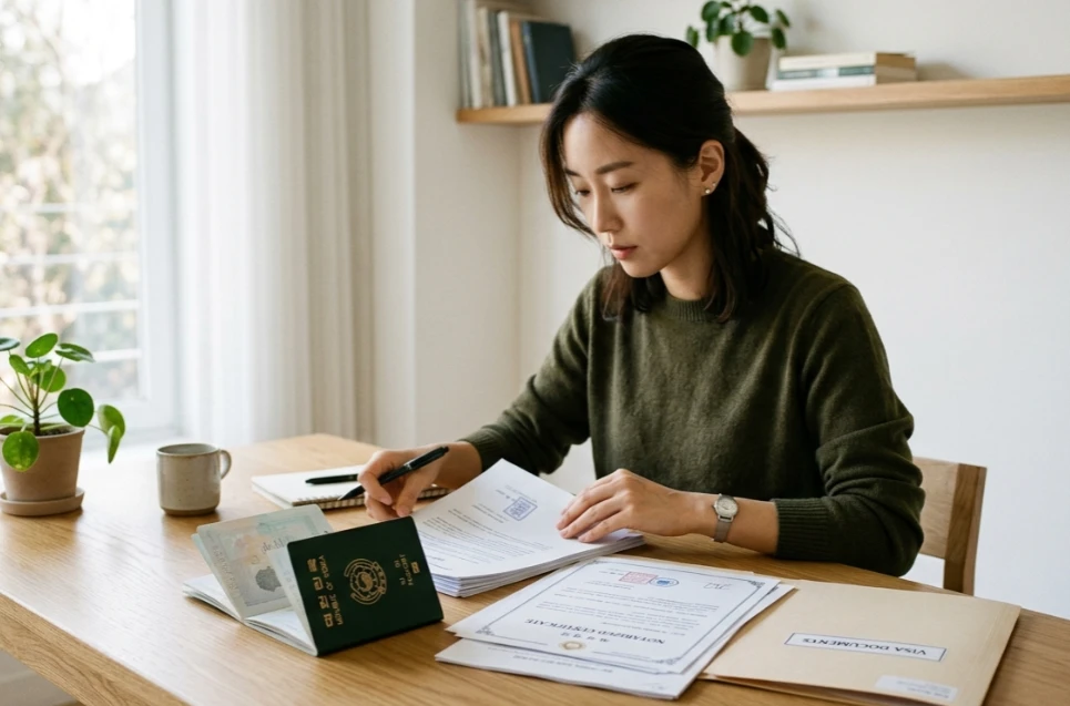 영사관에서 발급받은 영문 공증 서류를 정리하는 모습