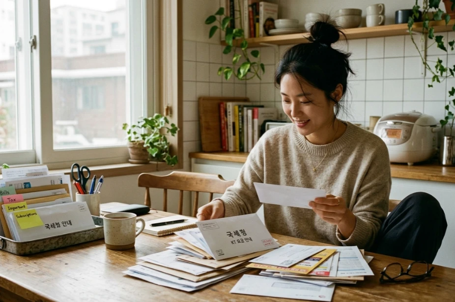 이사 후 우편물을 확인하며 서류를 검토하는 한국 여성