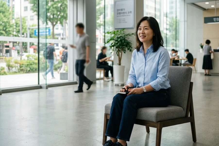 깔끔한 관공서 대기실 의자에 앉아 순서를 기다리는 모습