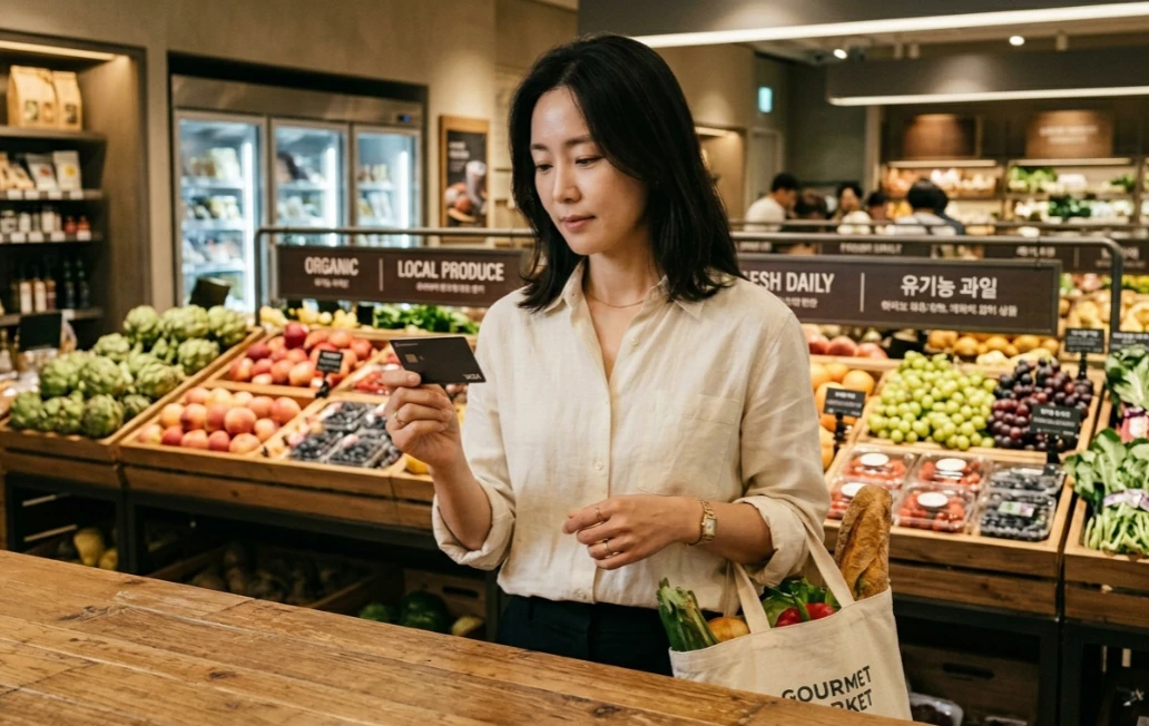 마트 계산대 앞에서 두 장의 카드를 저울질하는 모습