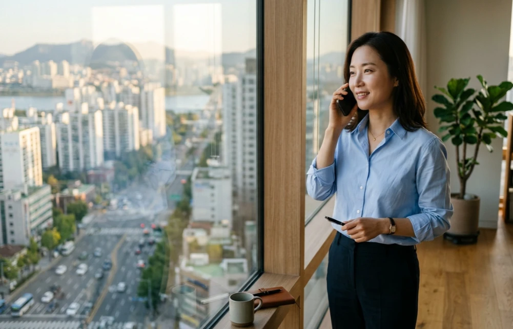 세련된 차림으로 스마트폰을 귀에 대고 통화하는 모습