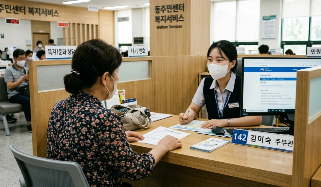 동주민센터 창구에서 민원 신청을 하는 과정 동주민센터 창구에서 민원 신청을 하는 과정